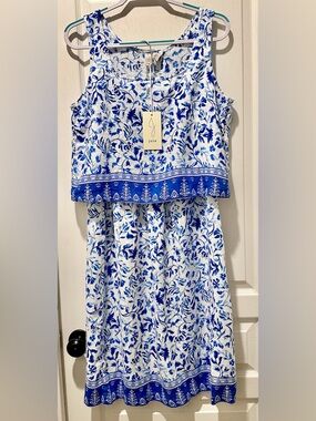 NWT Joie 100% Linen Midi Skirt & Cropped Tank Top Set in Blue/White Bora Print